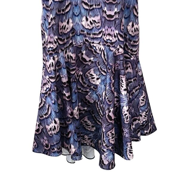 Tibi Slip Dress Women's Size 4 Ibis Drop Waist Rufle Purple Blue Feather Print - Picture 6 of 9